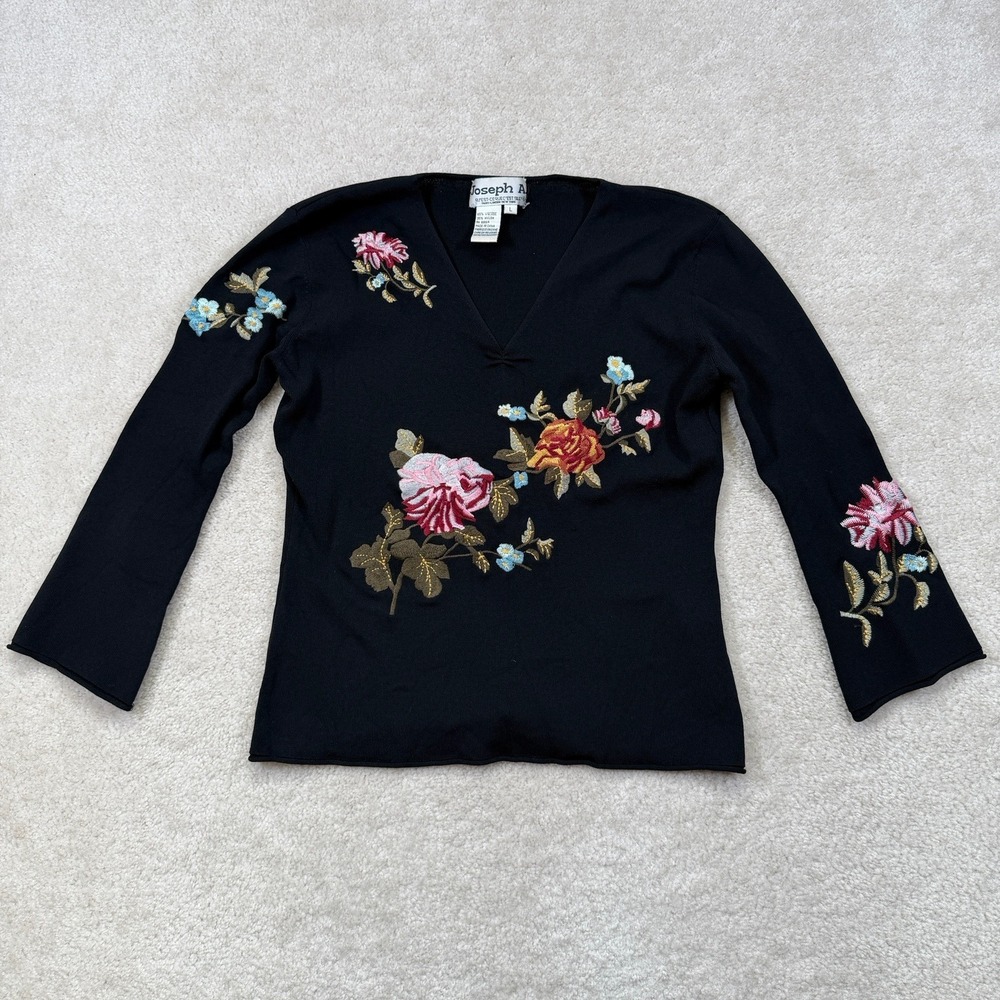 Vintage Joseph A.  V-Neck Floral Embroidered Sweater Womens Large Black Roll Hem - Picture 1 of 10